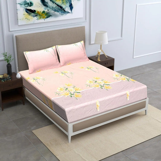 Light Orange Floral Fitted Bedsheet