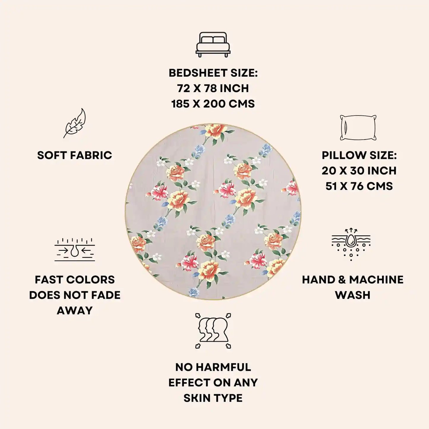 Emily Printed Fitted Queen Size Bedsheet