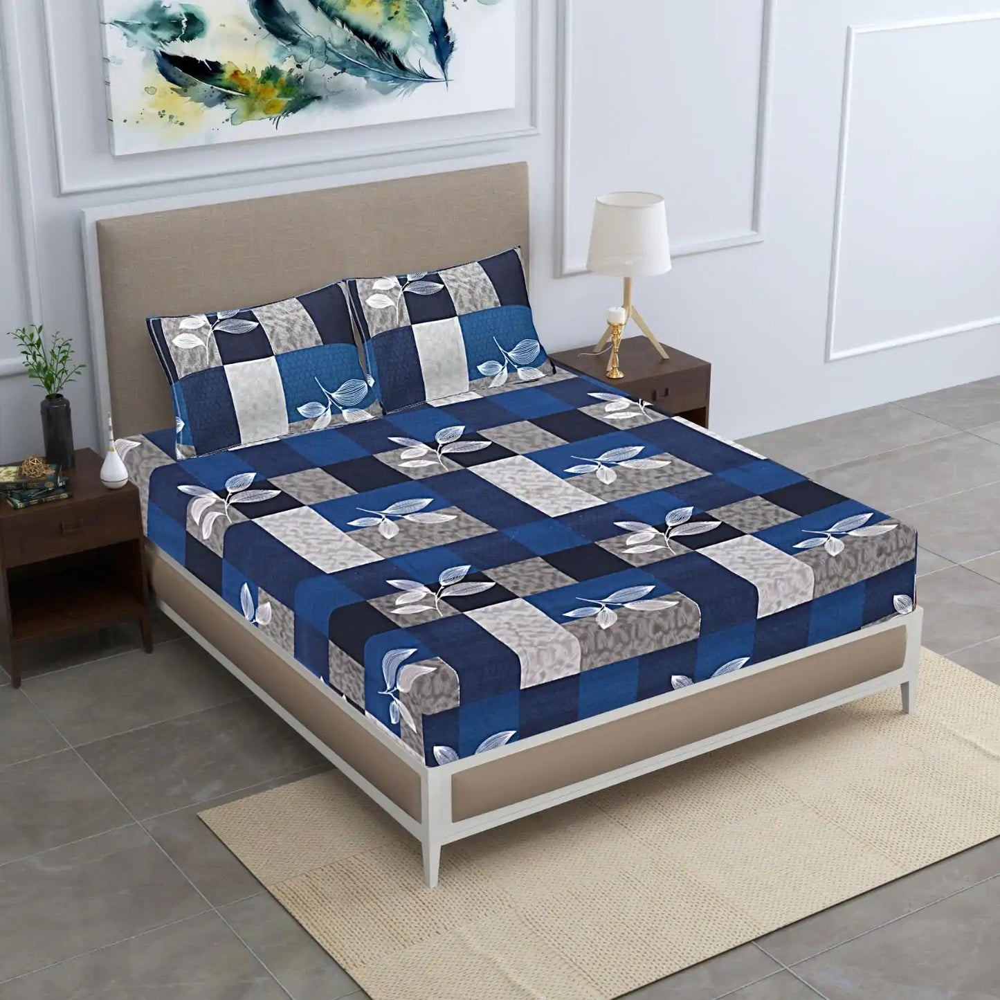 Blue Honeycomb Double Bed Bedsheet